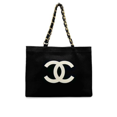 CHANEL VINTAGE CHAIN TOTE BAG BLACK WHITE CANVAS 90277248 - PURPOSE