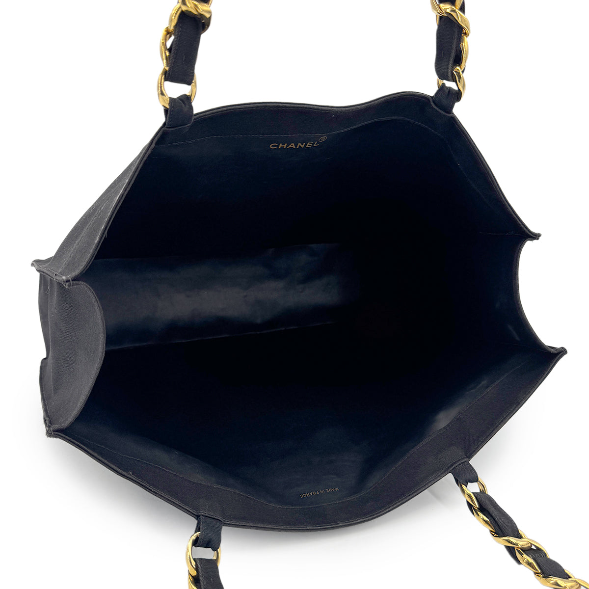 CHANEL VINTAGE CHAIN TOTE BAG BLACK WHITE CANVAS 90277248