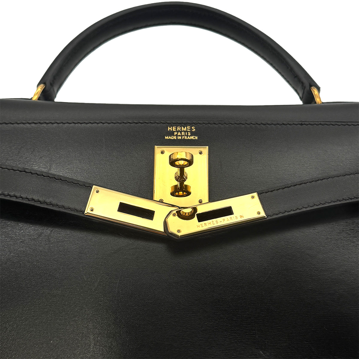 HERMES KELLY 32 SELLIER BLACK BOXCALF HAND SHOULDER BAG □C GHW 90277282