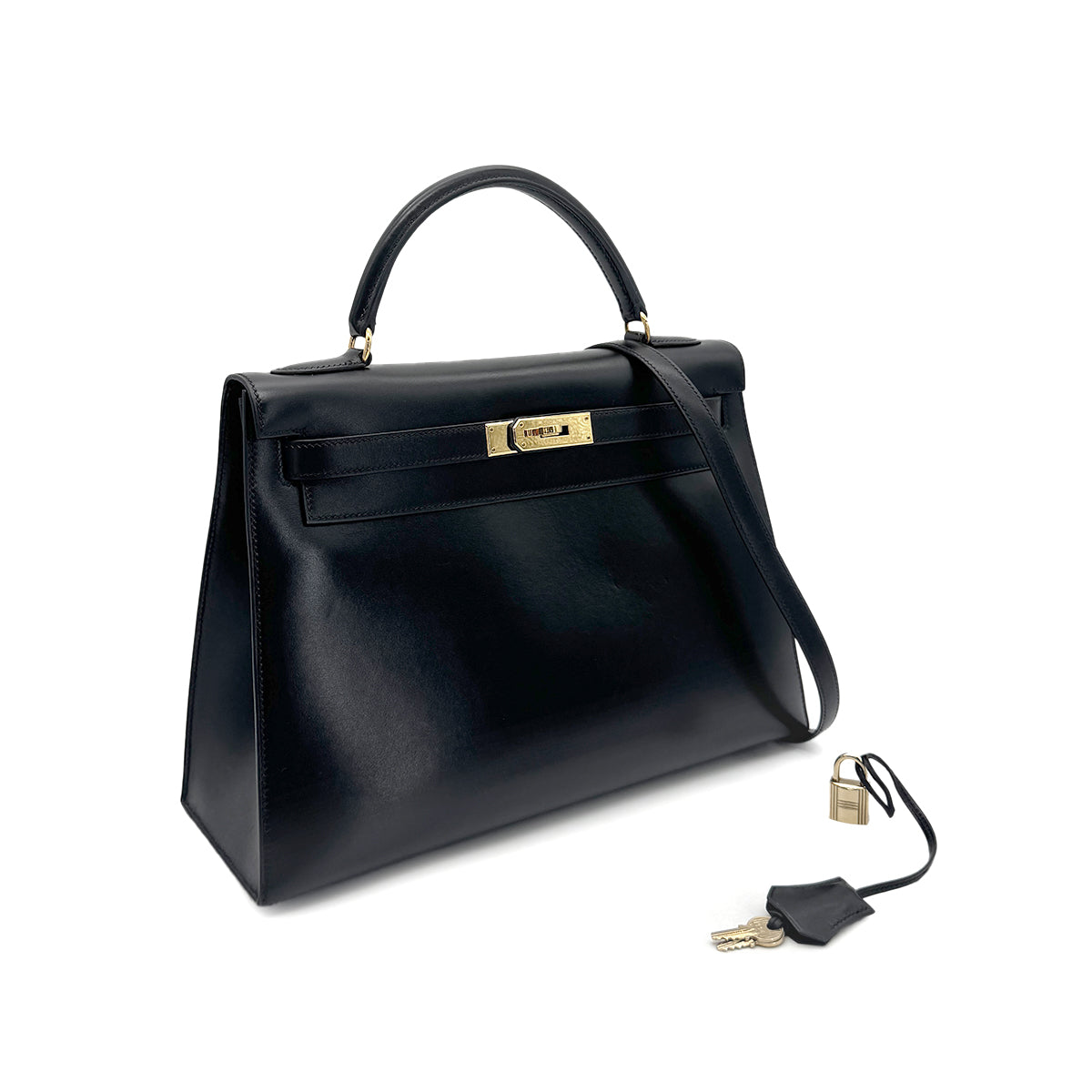 HERMES KELLY 32 SELLIER BLACK BOXCALF HAND SHOULDER BAG □C GHW 90277282