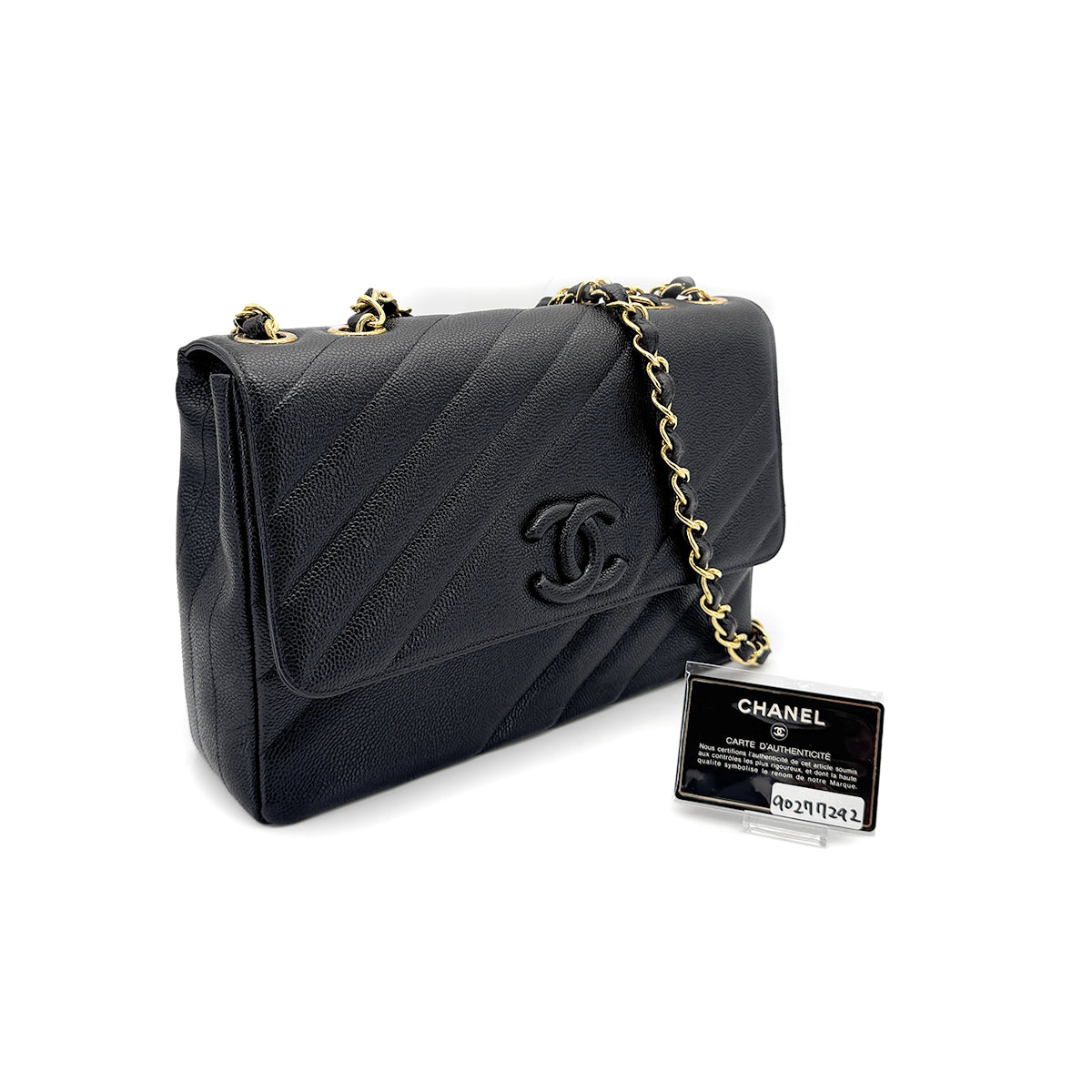 CHANEL VINTAGE BIAS STITCH CHAIN SHOULDER BAG BLACK CAVIAR SKIN 90277292