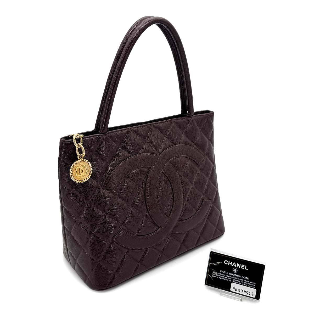 CHANEL VINTAGE MEDALLION TOTE BAG DARK BROWN CAVIAR SKIN 90277326