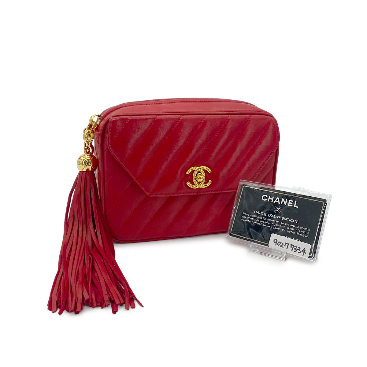 CHANEL VINTAGE BIAS STITCH FRINGE BIJOU CHAIN SHOULDER BAG RED LAMB SKIN 90277334