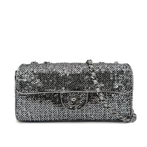 CHANEL VINTAGE EAST WEST CHAIN SHUOLDER BAG SILVER BLACK SEQUINS 90278015 - PURPOSE