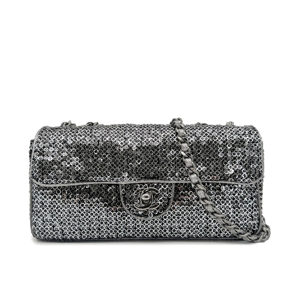 CHANEL VINTAGE EAST WEST CHAIN SHUOLDER BAG SILVER BLACK SEQUINS 90278015 - PURPOSE