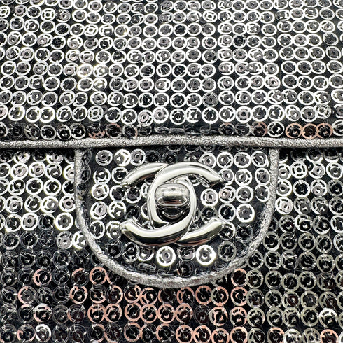 CHANEL VINTAGE EAST WEST CHAIN SHUOLDER BAG SILVER BLACK SEQUINS 90278015 - PURPOSE