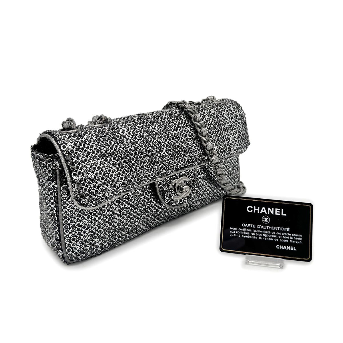 CHANEL VINTAGE EAST WEST CHAIN SHUOLDER BAG SILVER BLACK SEQUINS 90278015