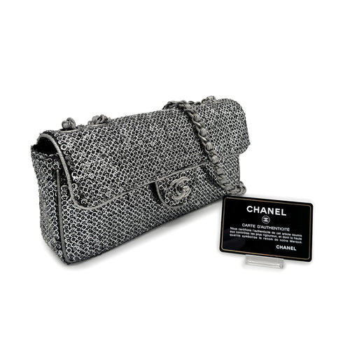 CHANEL VINTAGE EAST WEST CHAIN SHUOLDER BAG SILVER BLACK SEQUINS 90278015 - PURPOSE