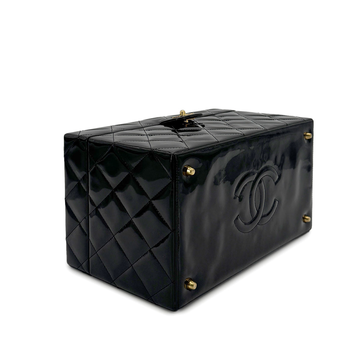 CHANEL VINTAGE VANITY HAND BAG BLACK PATENT LEATHER 90278469