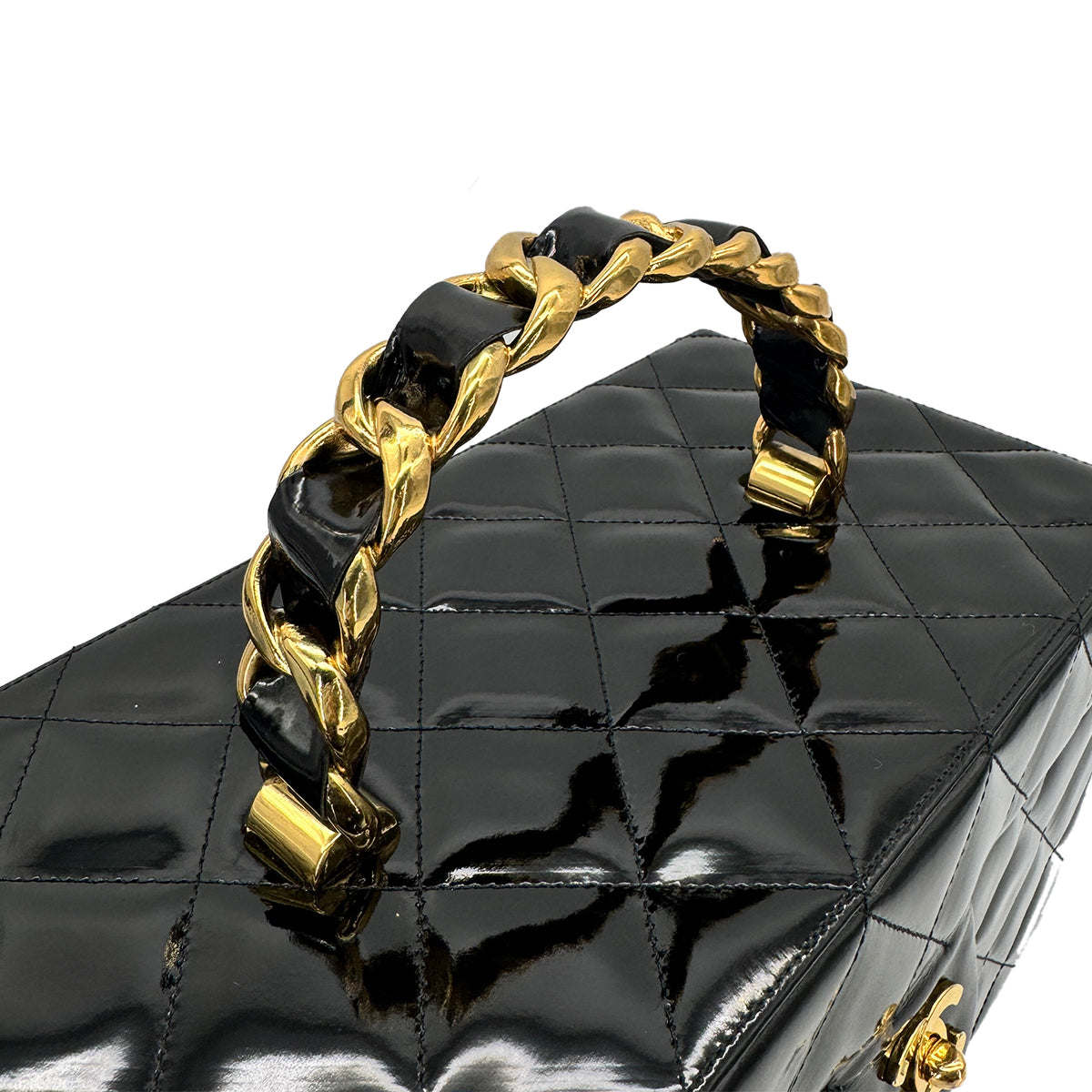 CHANEL VINTAGE VANITY HAND BAG BLACK PATENT LEATHER 90278469