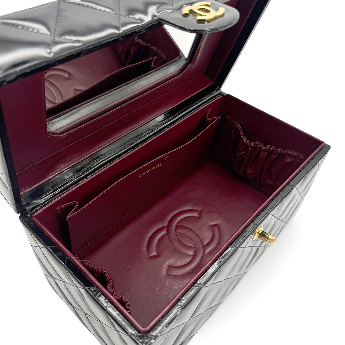 CHANEL VINTAGE VANITY HAND BAG BLACK PATENT LEATHER 90278469