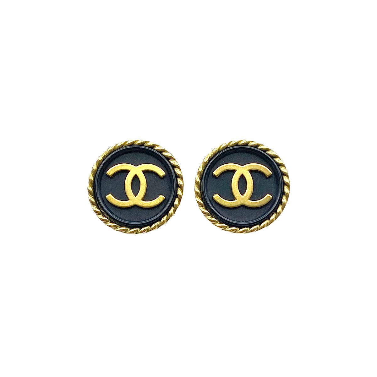 CHANEL VINTAGE EARRINGS COCOMARK ROUND BLACK GOLD ACCESSORY 94A 90278478
