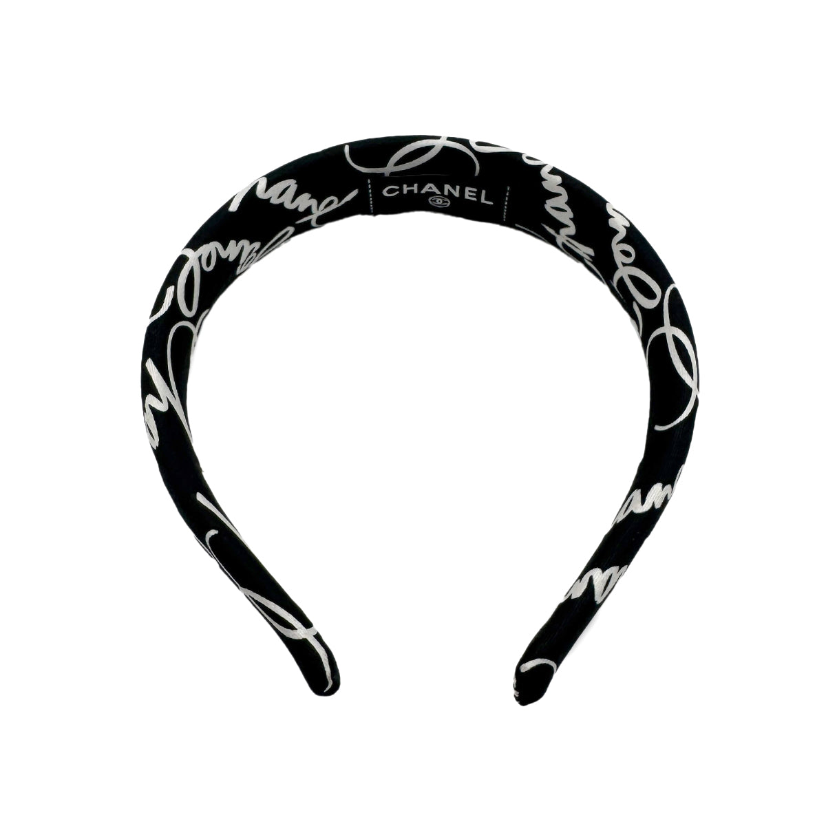 CHANEL HEADBAND LOGO BLACK WHITE SILK HAIR ACCESSORY 90278480