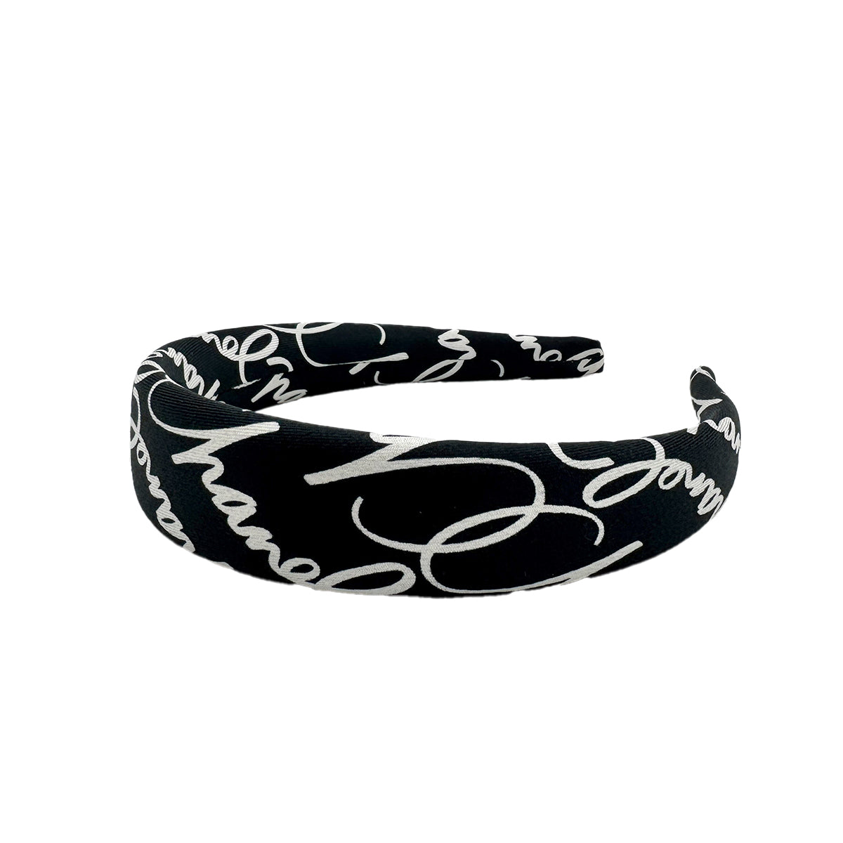 CHANEL HEADBAND LOGO BLACK WHITE SILK HAIR ACCESSORY 90278480