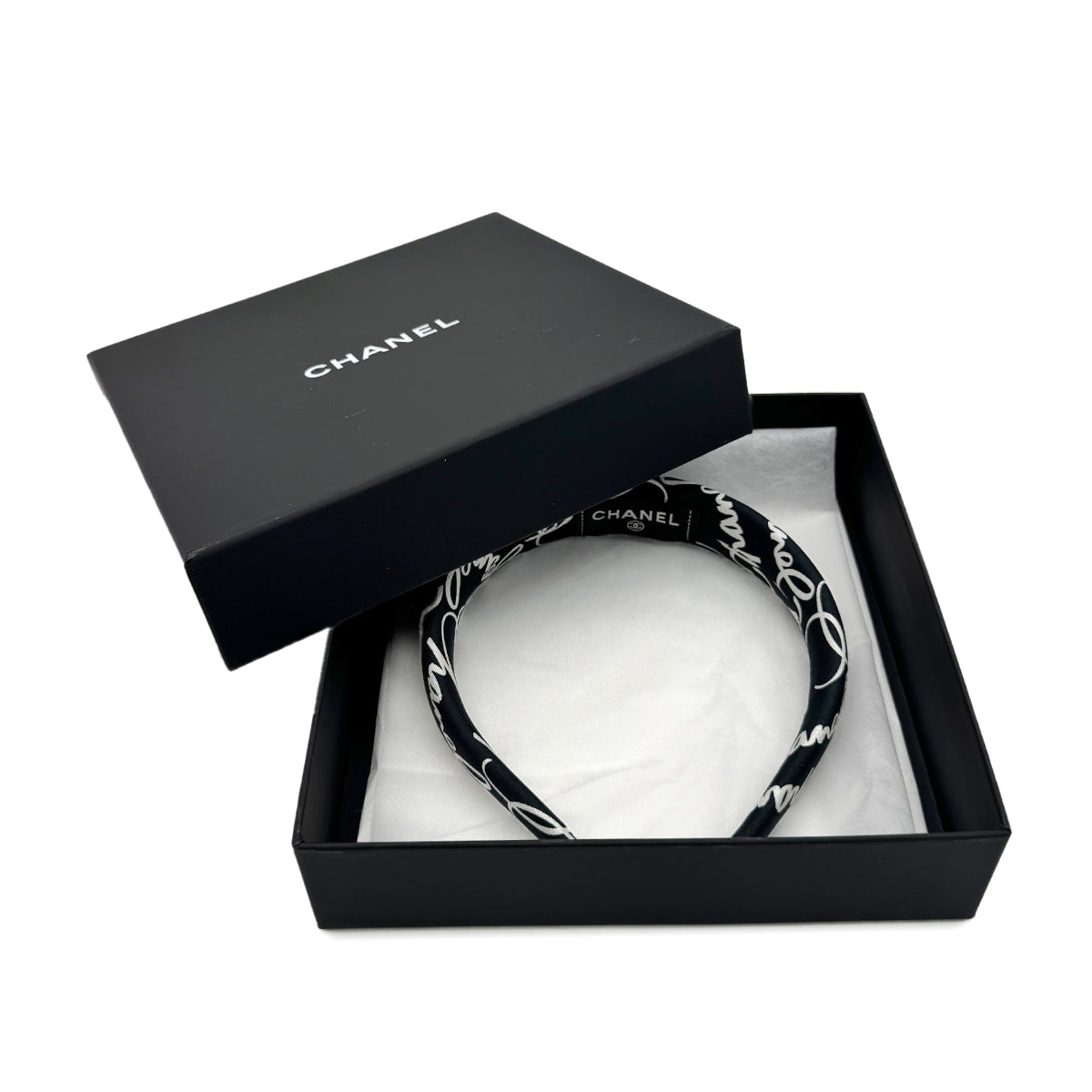 CHANEL HEADBAND LOGO BLACK WHITE SILK HAIR ACCESSORY 90278480