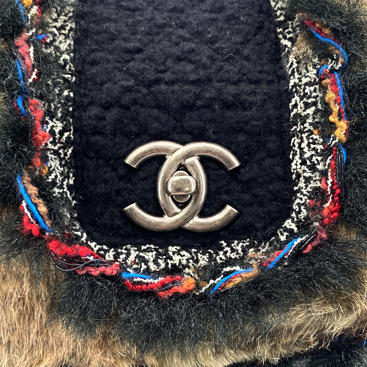 CHANEL LAPINFUR TWEED COCOMARK CHAIN SHOULDER BAG BLACK 90278503