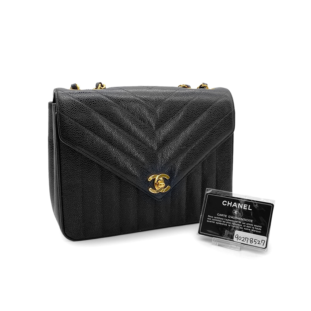 CHANEL VINTAGE CHEVRON CHAIN SHOULDER BAG BLACK CAVIAR SKIN 90278527