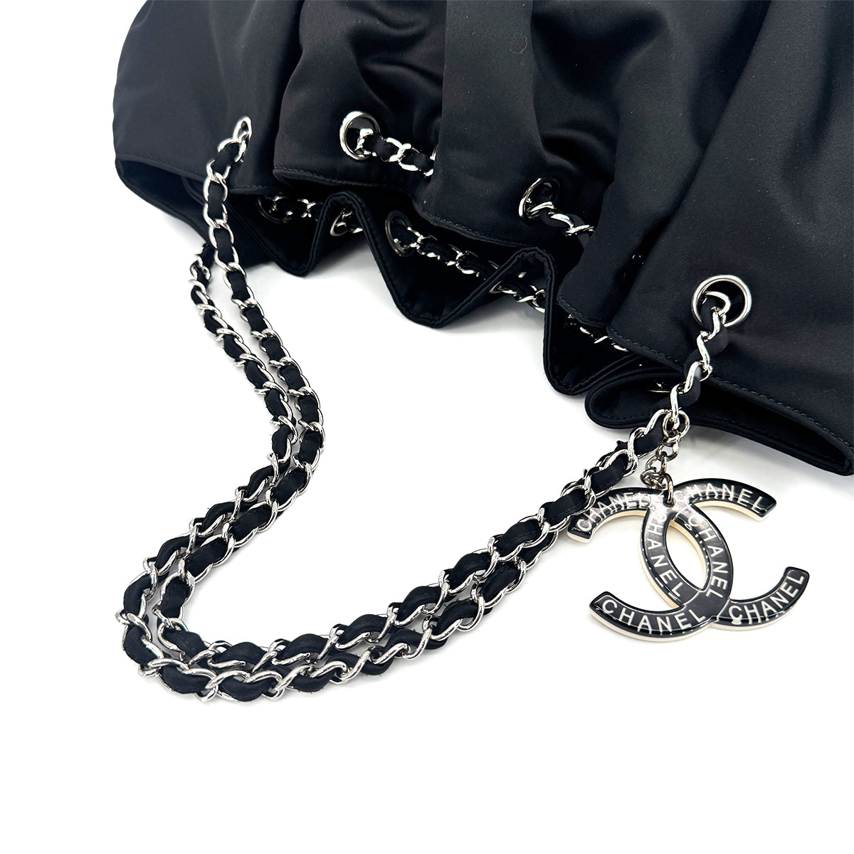 CHANEL MELROSE CABAS COCOMARK CHAIN SHOULDER BAG BLACK SATIN 90278732