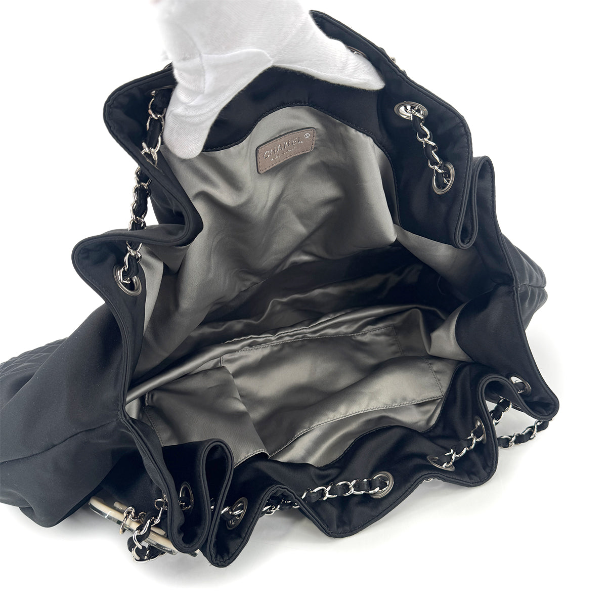 CHANEL MELROSE CABAS COCOMARK CHAIN SHOULDER BAG BLACK SATIN 90278732