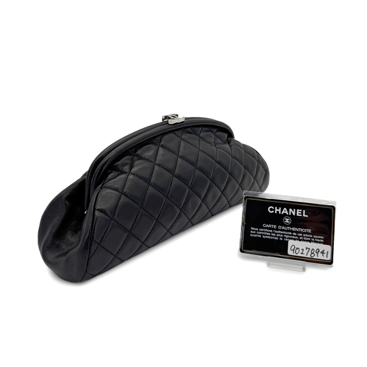 CHANEL VINTAGE MATELASSE SECOND POACH HAND BAG BLACK LAMB SKIN 90278941