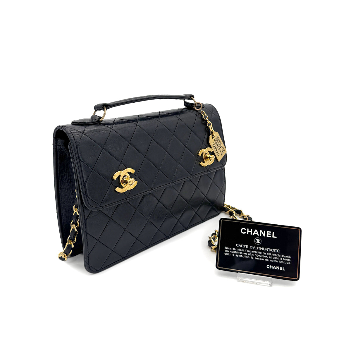 CHANEL VINTAGE DOUBLE TURN LOCK 2WAY CHAIN SHOULDER BAG BLACK LAMB SKIN 90278997