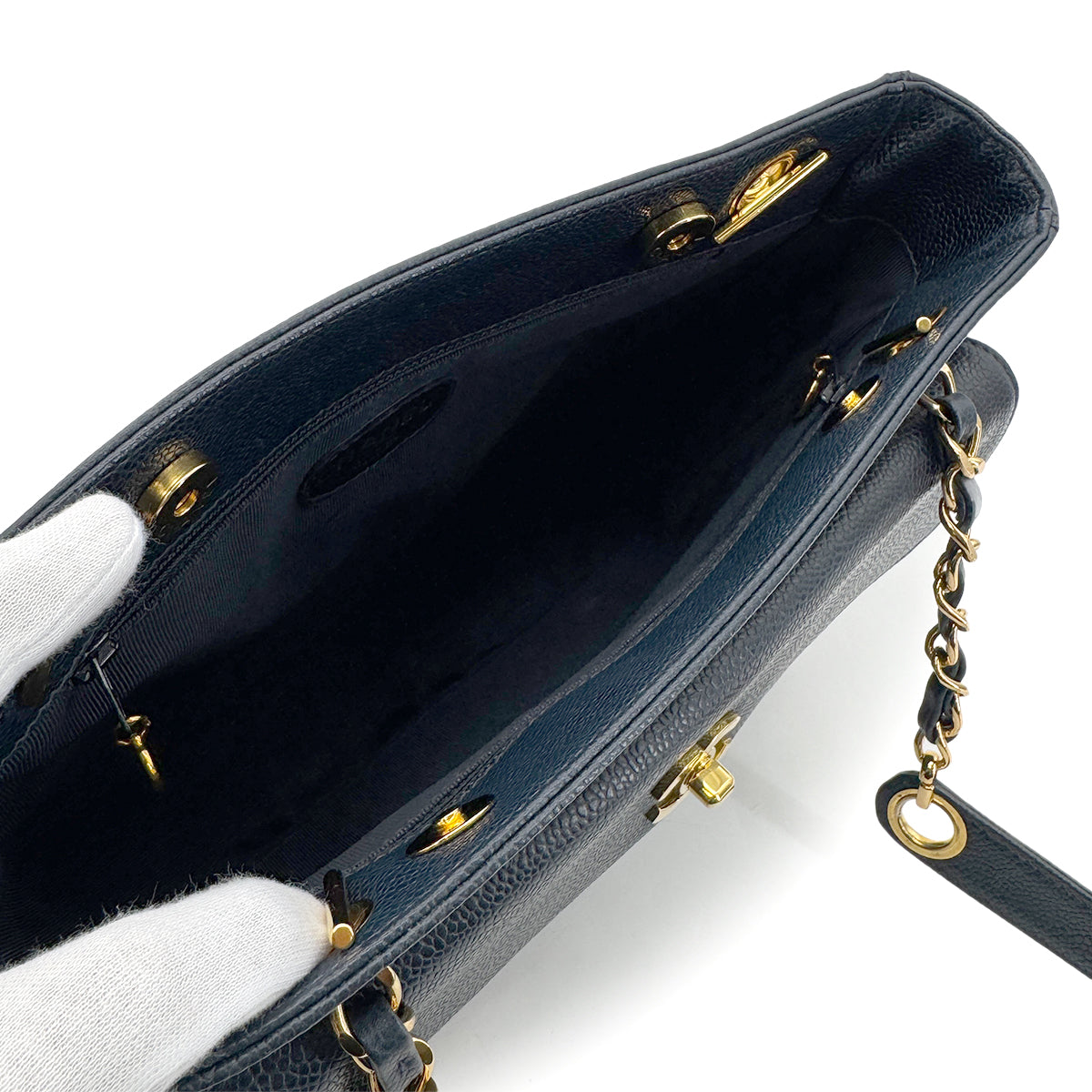 CHANEL VINTAGE CHAIN TOTE BAG NAVY CAVIAR SKIN 90278998