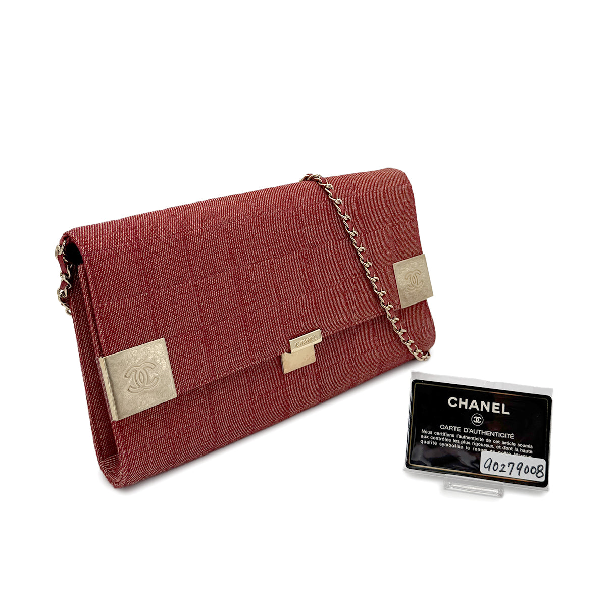 CHANEL VINTAGE CHOCOLATE BAR CHAIN SHOULDER BAG RED DENIM 90279008