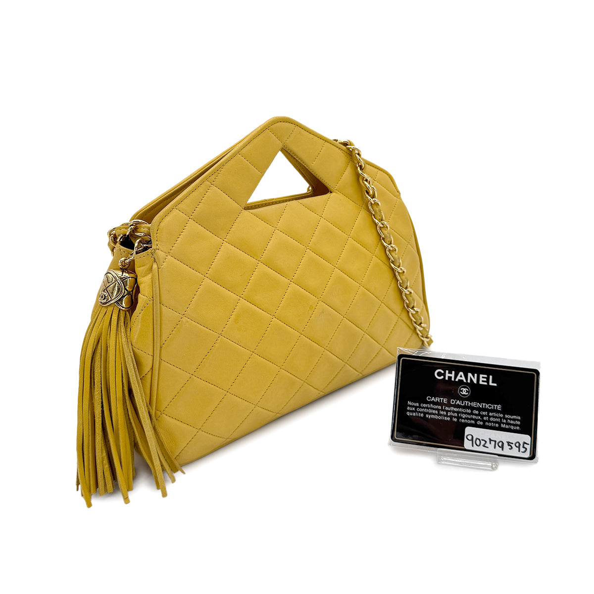 CHANEL VINTAGE MATELASSE FRINGE HAND CHAIN SHOULDER BAG YELLOW LAMB SKIN 90279595