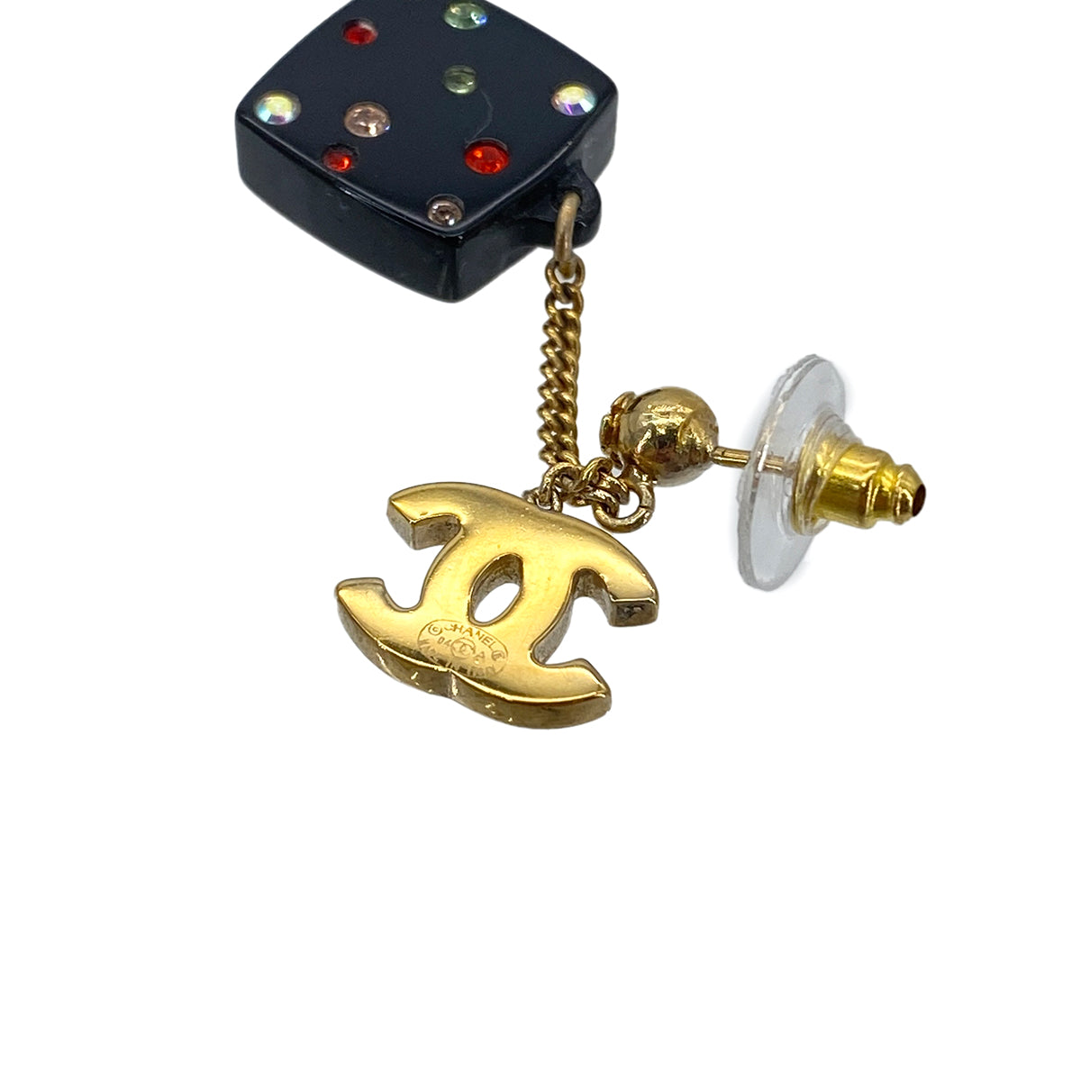 CHANEL EARRINGS COCOMARK DICE COLOR STONE BLACK GOLD ACCESSORY 04A 90279608