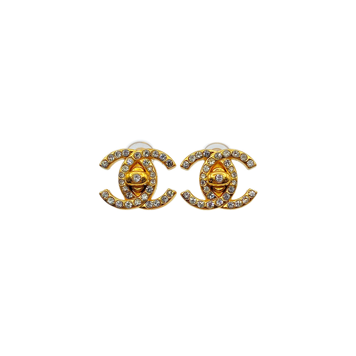 CHANEL VINTAGE EARRINGS COCOMARK RHINESTONE GOLD ACCESSORY 96A 90279609