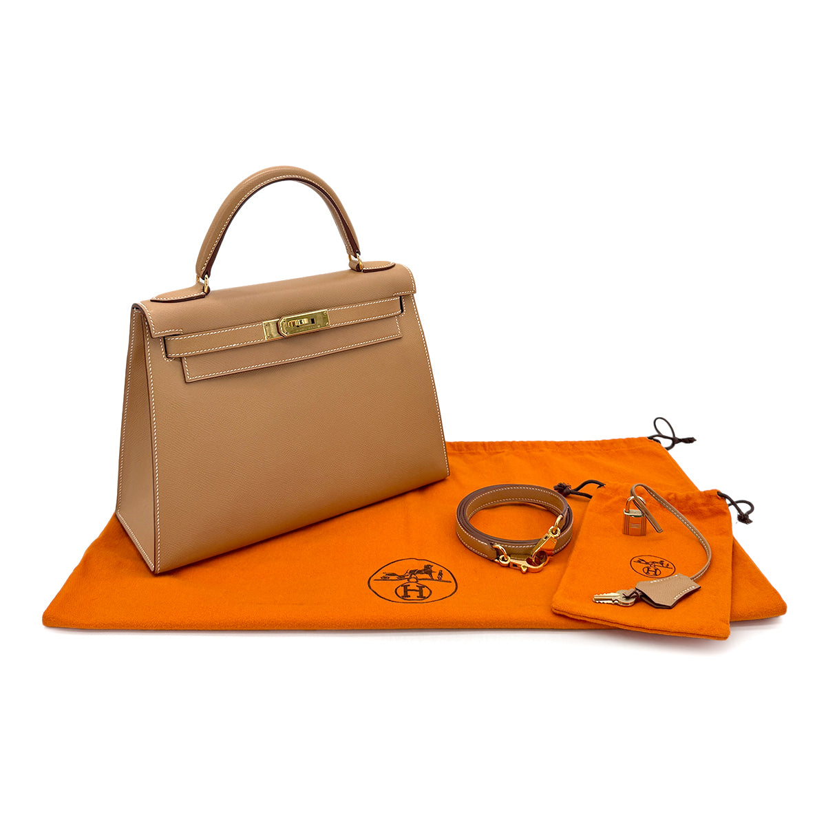 HERMES KELLY 28 SELLIER NATURAL COUCHEVEL HAND SHOULDER BAG □B GHW 90279729