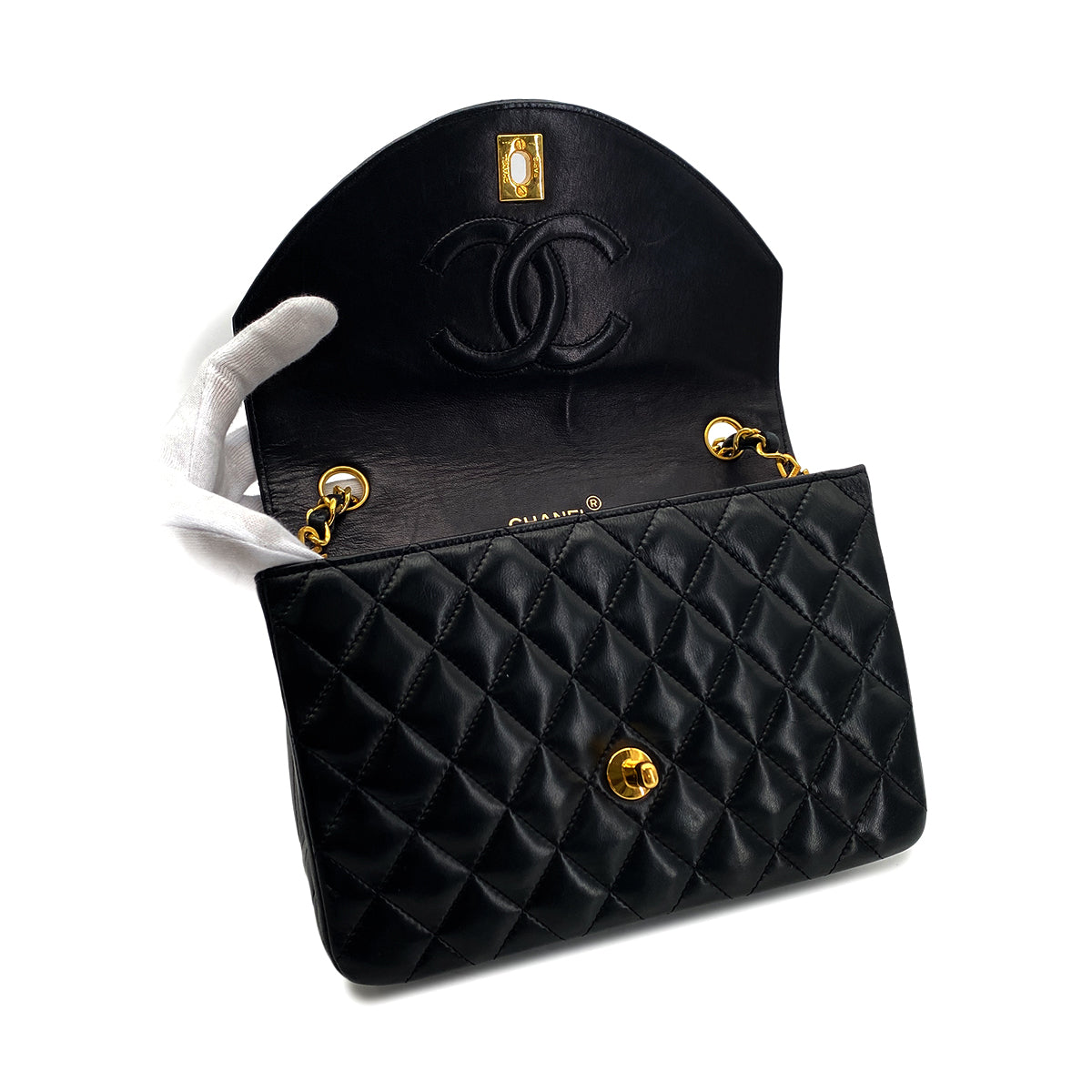 CHANEL VINTAGE MATELASSE HALF MOON CHAIN SHOULDER BAG BLACK LAMB SKIN 90279732