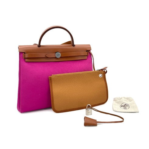 HERMES HER BAG ZIP PM 31 FAUVE MAGNOLIA VACHE HUNTER TOILE OFFICIER TOTE SHOULDER BAG Y 90279781