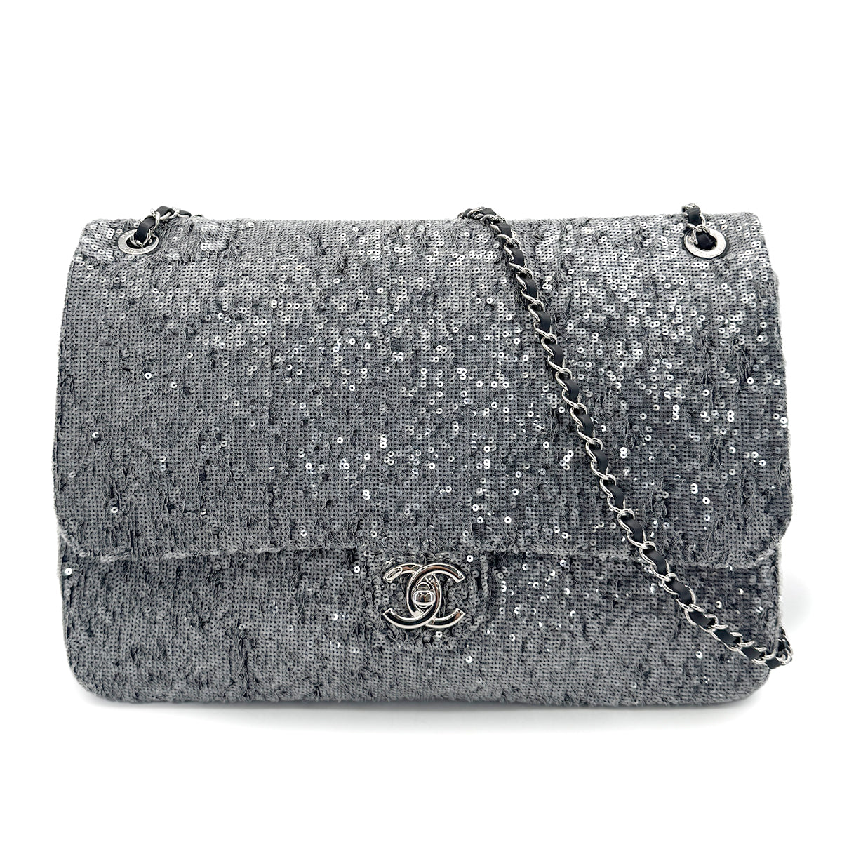 CHANEL CHAIN SHOULDER BAG SILVER SEQUINS LEATHER 90279806