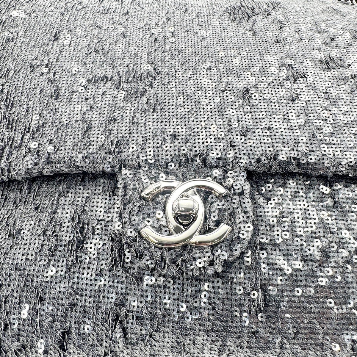 CHANEL CHAIN SHOULDER BAG SILVER SEQUINS LEATHER 90279806