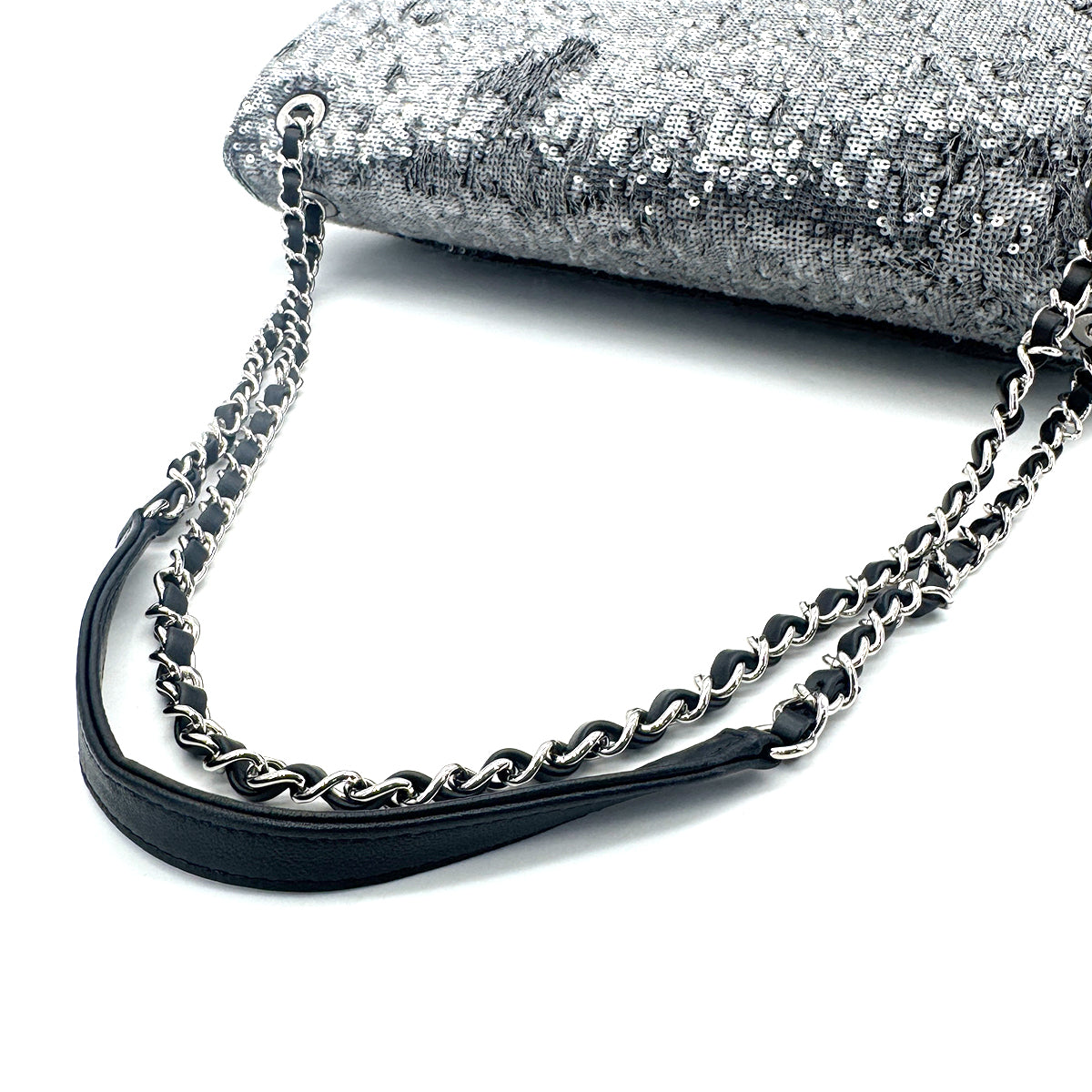 CHANEL CHAIN SHOULDER BAG SILVER SEQUINS LEATHER 90279806