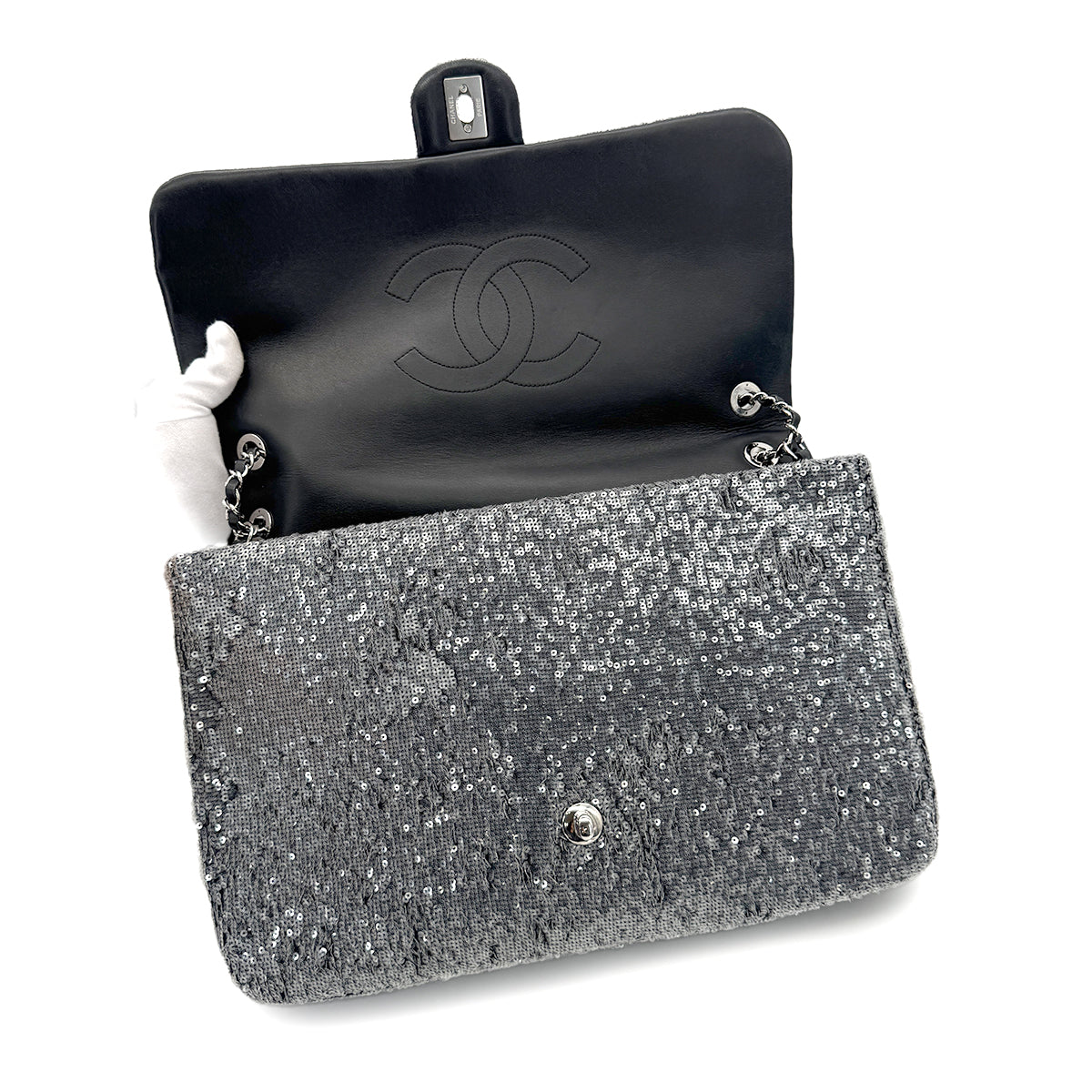 CHANEL CHAIN SHOULDER BAG SILVER SEQUINS LEATHER 90279806