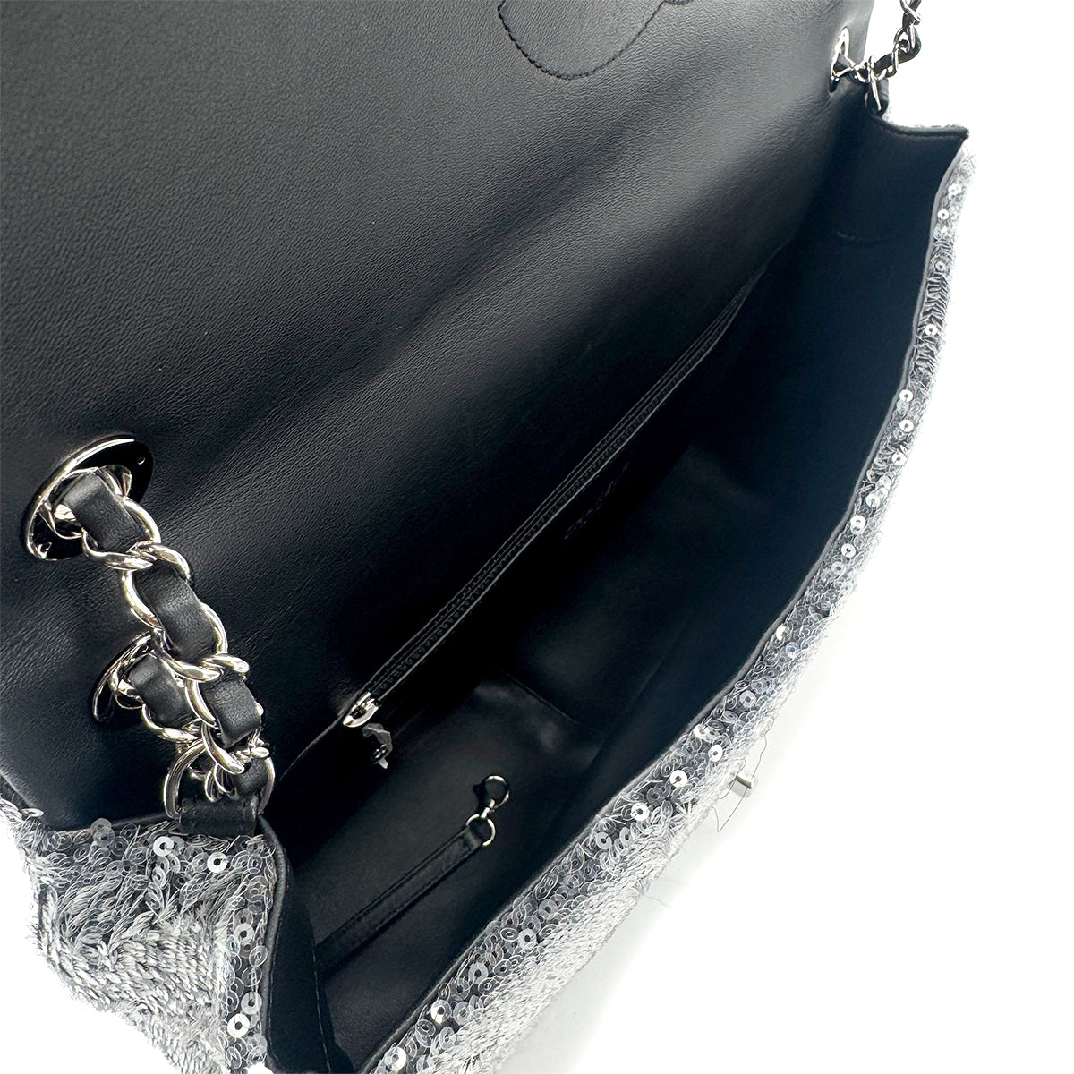 CHANEL CHAIN SHOULDER BAG SILVER SEQUINS LEATHER 90279806