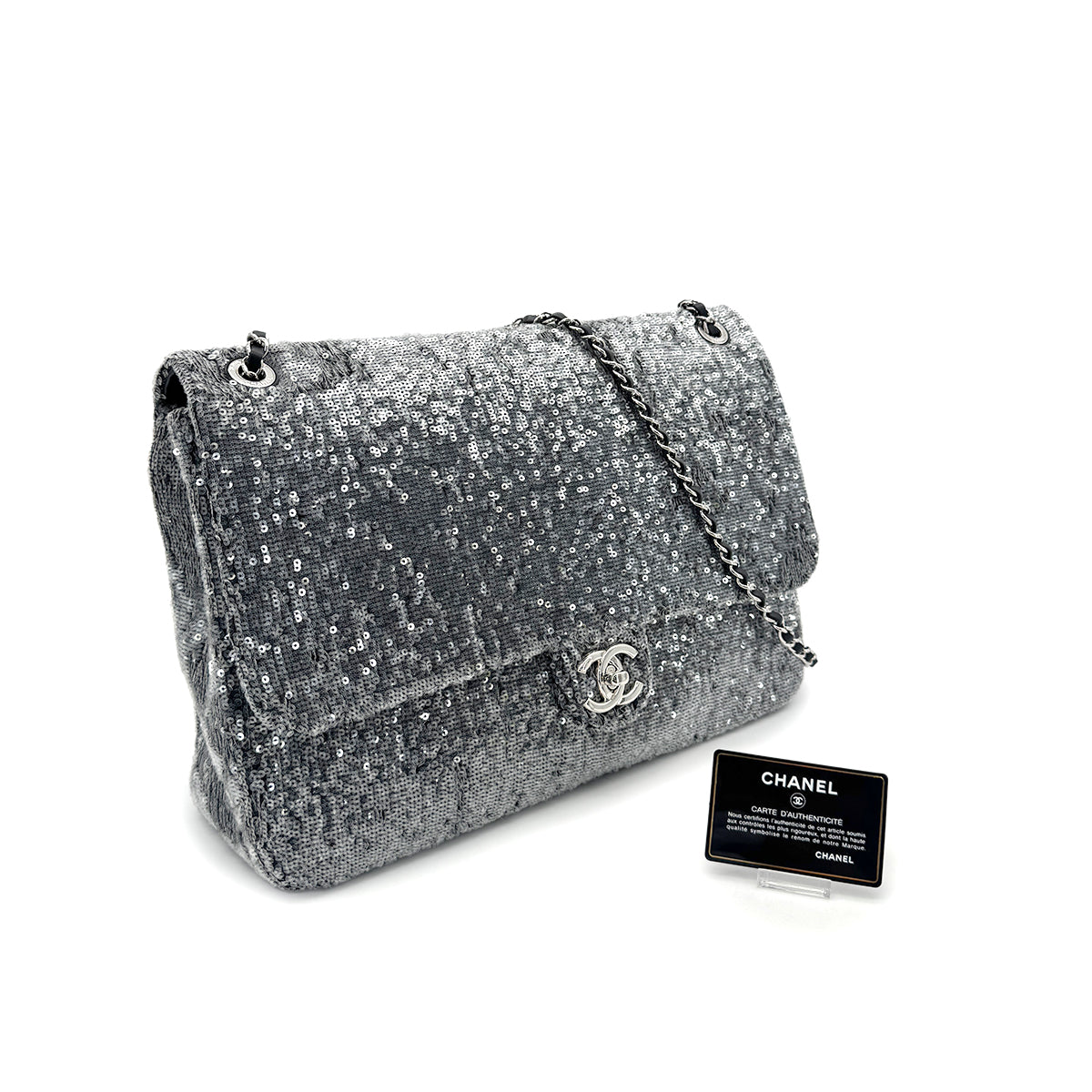 CHANEL CHAIN SHOULDER BAG SILVER SEQUINS LEATHER 90279806