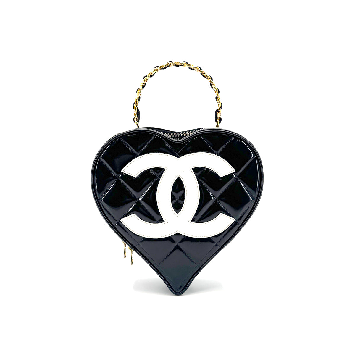 CHANEL VINTAGE MATELASSE HEART VANITY HAND BAG BLACK ENAMEL 90279823