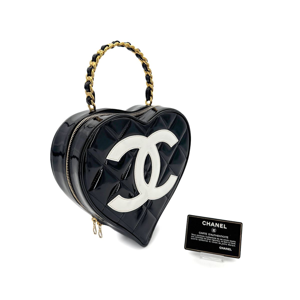 CHANEL VINTAGE MATELASSE HEART VANITY HAND BAG BLACK ENAMEL 90279823