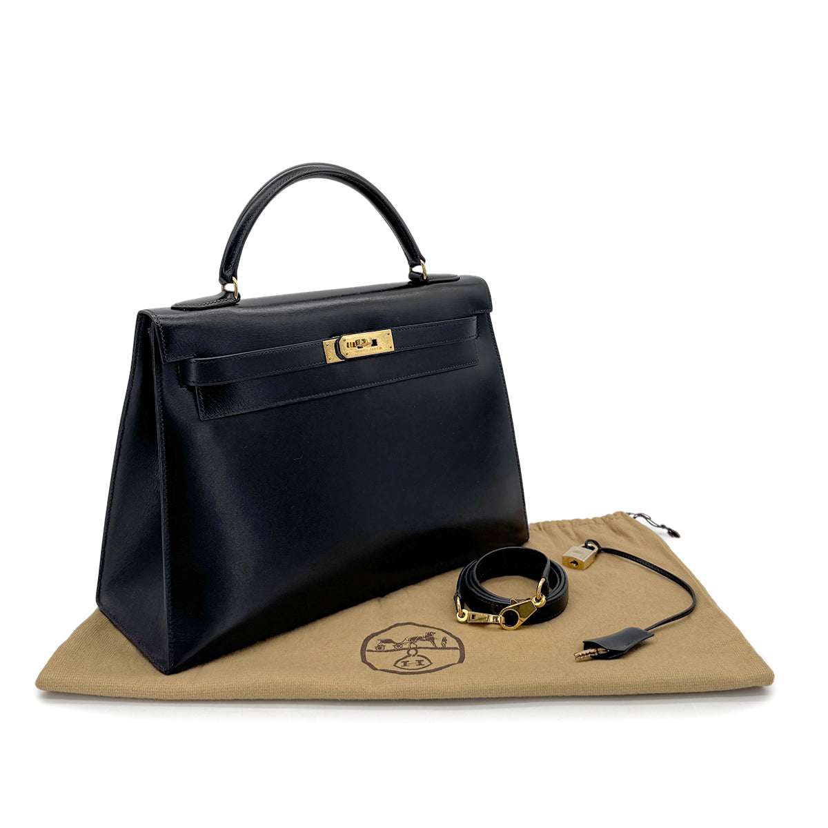 HERMES KELLY 32 SELLIER BLACK BOXCALF HAND SHOULDER BAG 〇U GHW 90279828