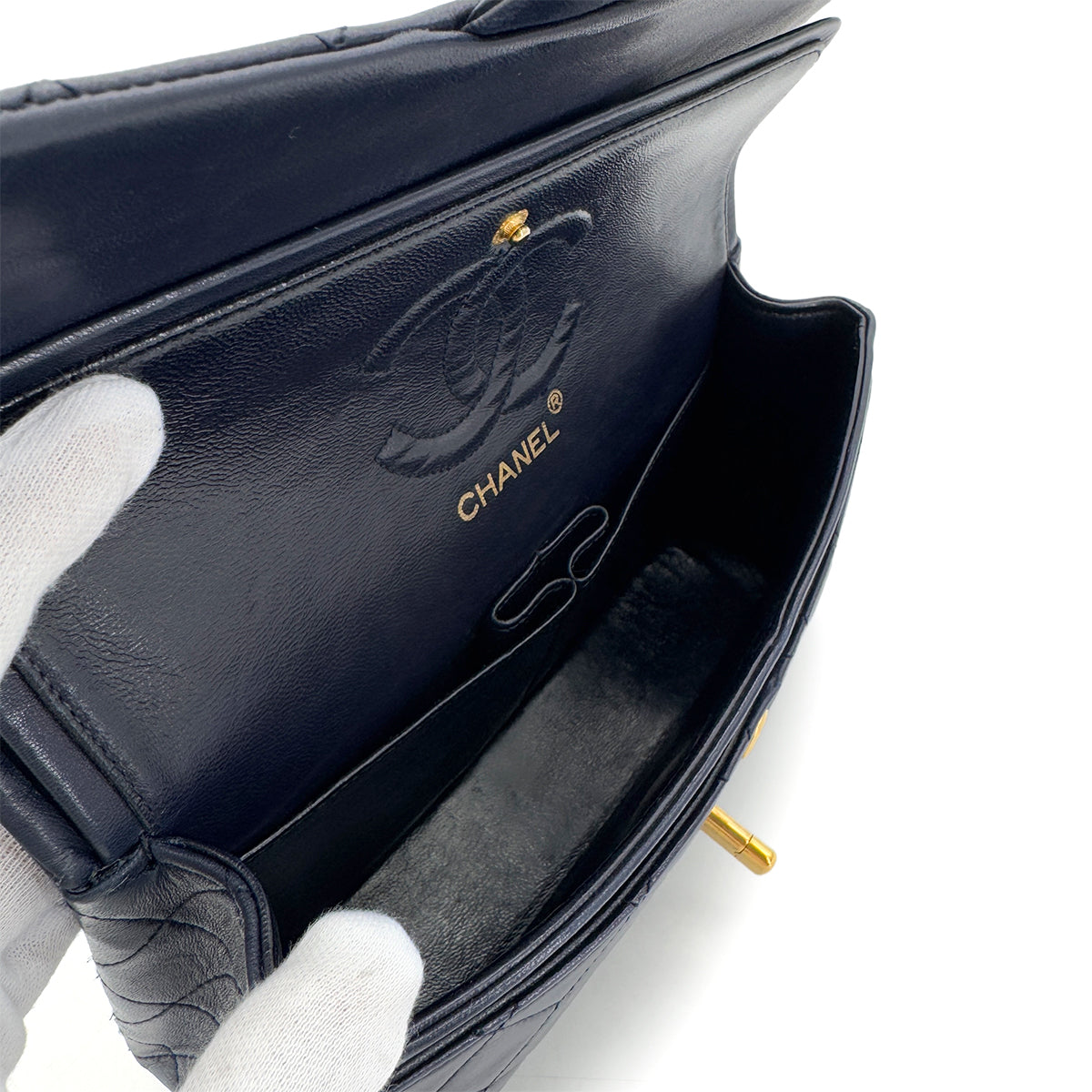 CHANEL VINTAGE CLASSIC FLAP SMALL CHAIN SHOULDER BAG NAVY LAMB SKIN 90280280