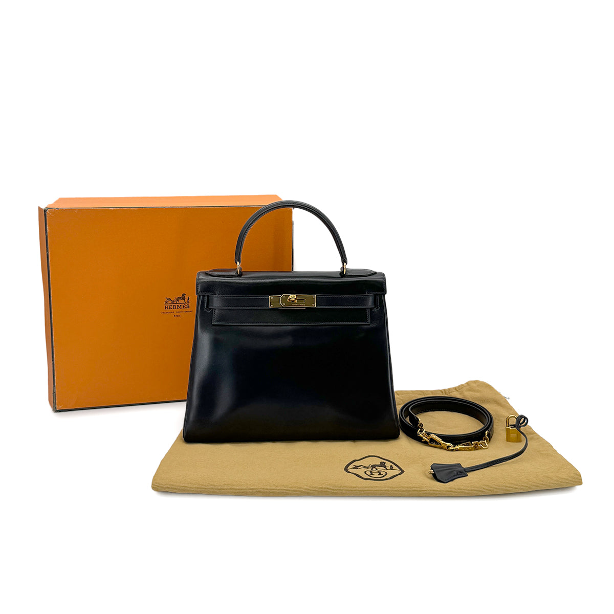 HERMES KELLY 28 RETOURNE BLACK BOXCALF HAND SHOULDER BAG 〇I GHW 90280293