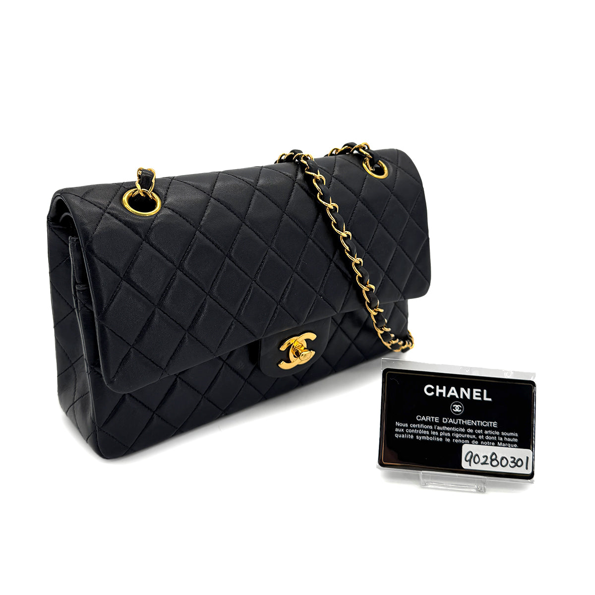 CHANEL VINTAGE CLASSIC FLAP MEDIUM CHAIN SHOULDER BAG BLACK LAMB SKIN 90280301