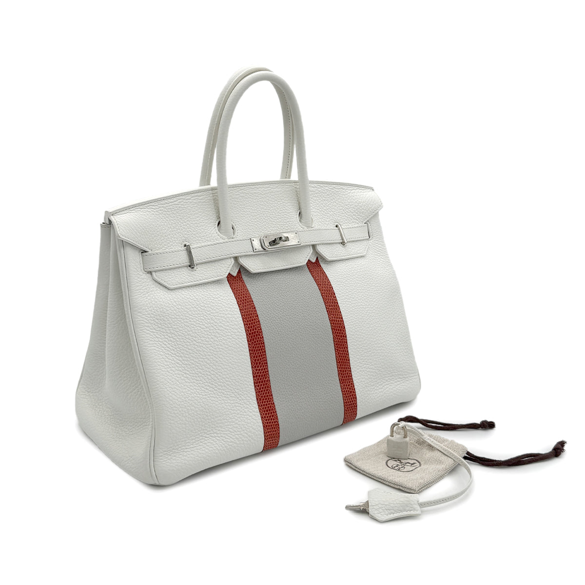 HERMES BIRKIN CLUB 35 WHITE PEARL GRAY SANGUINE TAURILLON CLEMENCE LIZARD HAND BAG □O SHW 90280381