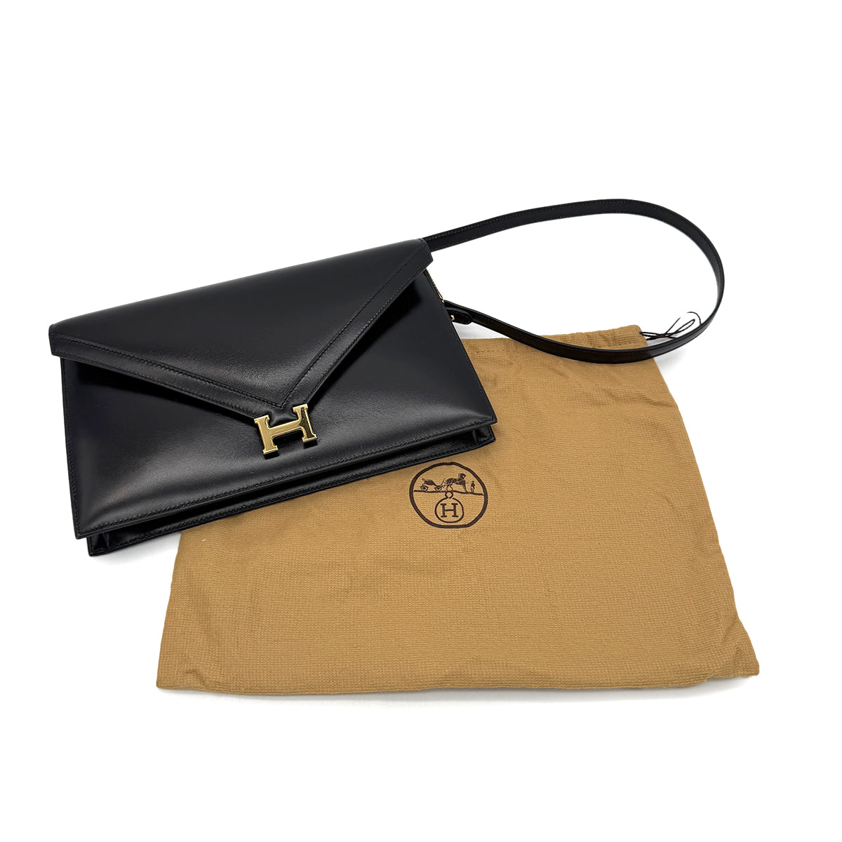 HERMES LYDIE BLACK CLUTCH SHOULDER BAG BOXCALF 〇Q 90280500