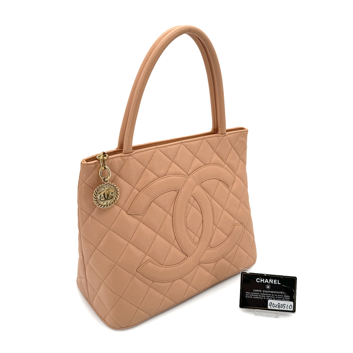 CHANEL VINTAGE MEDALLION TOTE BAG PINK BEIGE CAVIAR SKIN 90280510