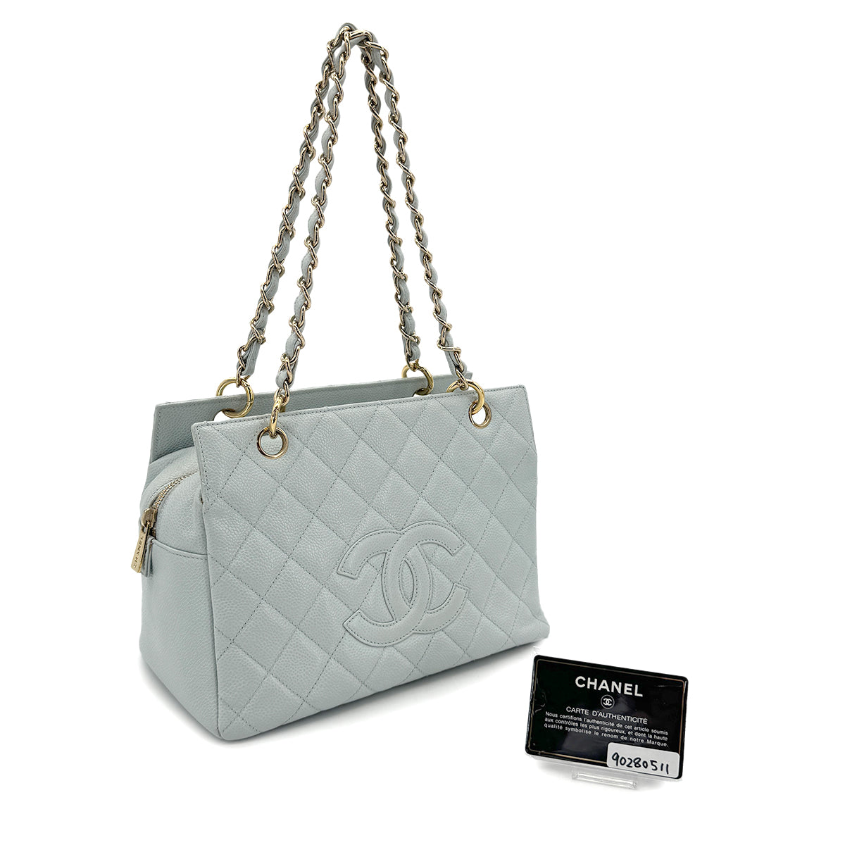 CHANEL VINTAGE PTT CHAIN TOTE BAG LIGHT BLUE CAVIAR SKI 90280511