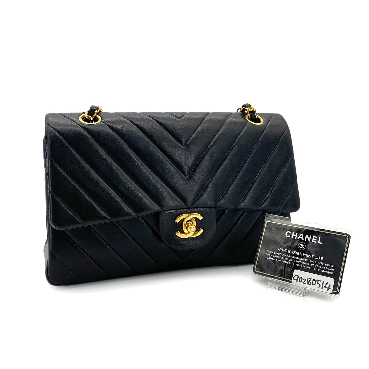 CHANEL VINTAGE CHEVRON CHAIN SHOULDER BAG BLACK LAMB SKIN 90280514